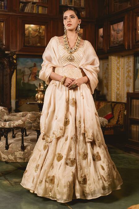 Ivory Beige Designer Embroidered Satin Silk Anarkali Gown