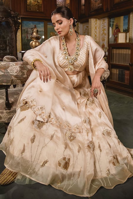 Shop Surbhi Shah White Satin Organza Floral Motifs V Neck Embroidered Anarkali With Dupatta at Aza Fashions Shop_Surbhi Shah_White Satin Organza Floral Motifs V Neck Embroidered Anarkali With Dupatta _at_Aza_Fashions