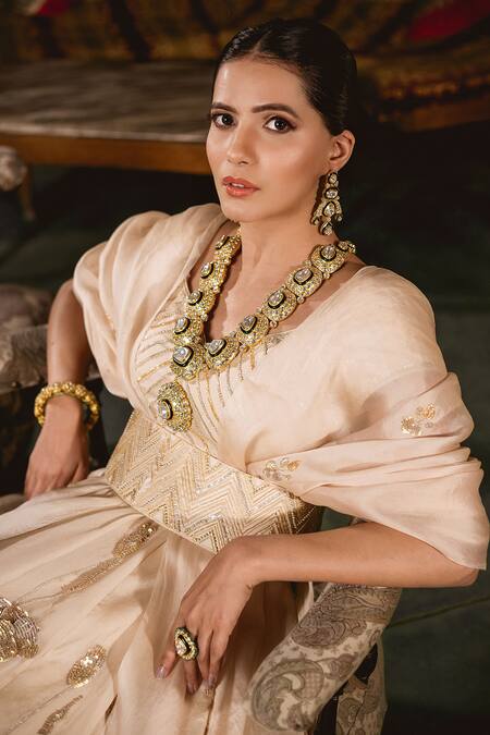 Buy Surbhi Shah White Satin Organza Floral Motifs V Neck Embroidered Anarkali With Dupatta Online at Aza Fashions Buy_Surbhi Shah_White Satin Organza Floral Motifs V Neck Embroidered Anarkali With Dupatta _Online_at_Aza_Fashions