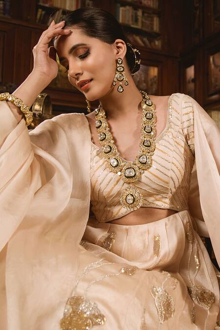 Surbhi Shah White Satin Organza Floral Motifs V Neck Embroidered Anarkali With Dupatta at Aza Fashions Surbhi Shah_White Satin Organza Floral Motifs V Neck Embroidered Anarkali With Dupatta _at_Aza_Fashions