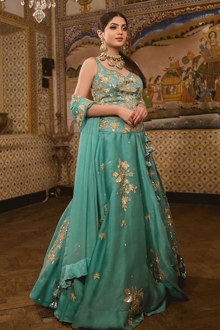 Shop Surbhi Shah Blue Satin Organza, Chiffon Floral Motifs Resham Embroidered Bridal Lehenga Set at Aza Fashions Shop_Surbhi Shah_Blue Satin Organza, Chiffon Floral Motifs Resham Embroidered Bridal Lehenga Set _at_Aza_Fashions
