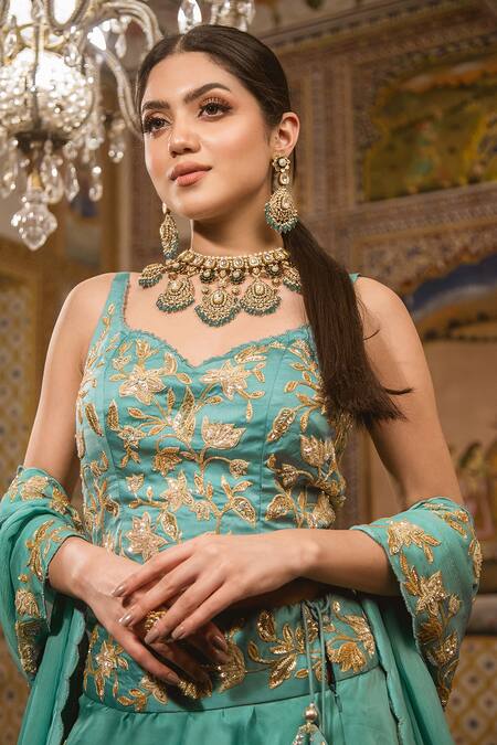 Shop Surbhi Shah Blue Satin Organza, Chiffon Floral Motifs Resham Embroidered Bridal Lehenga Set Online at Aza Fashions Shop_Surbhi Shah_Blue Satin Organza, Chiffon Floral Motifs Resham Embroidered Bridal Lehenga Set _Online_at_Aza_Fashions