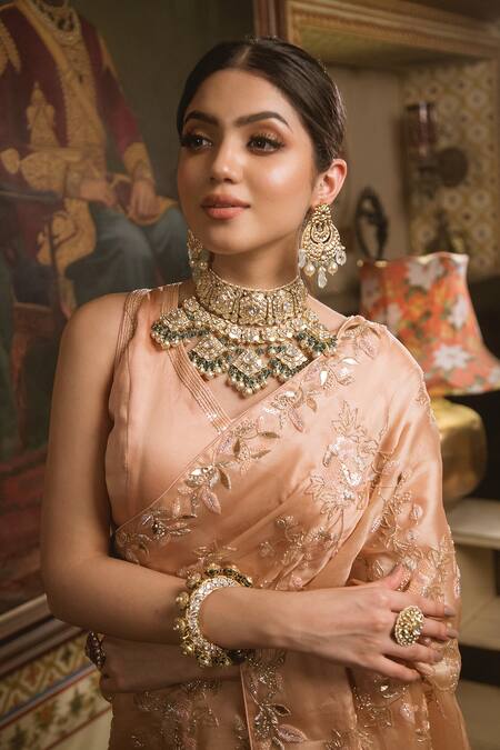 Shop Surbhi Shah Peach Satin Organza Floral Motifs V Neck Mukaish Embroidered Saree With Blouse Online at Aza Fashions Shop_Surbhi Shah_Peach Satin Organza Floral Motifs V Neck Mukaish Embroidered Saree With Blouse _Online_at_Aza_Fashions