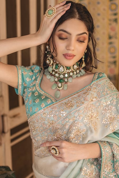 Surbhi Shah Blue Satin Organza Floral Motifs V Neck Ombre Embroidered Saree With Blouse Online at Aza Fashions Surbhi Shah_Blue Satin Organza Floral Motifs V Neck Ombre Embroidered Saree With Blouse _Online_at_Aza_Fashions