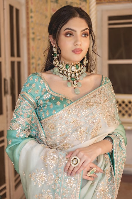 Shop Surbhi Shah Blue Satin Organza Floral Motifs V Neck Ombre Embroidered Saree With Blouse Online at Aza Fashions Shop_Surbhi Shah_Blue Satin Organza Floral Motifs V Neck Ombre Embroidered Saree With Blouse _Online_at_Aza_Fashions