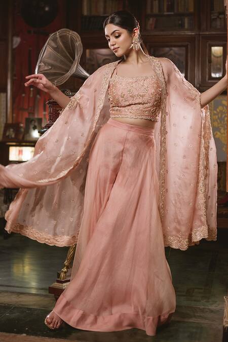 Shop_Surbhi Shah_Pink Organza Pearls, Zardozi Blouse Scoop Embroidered Cape And Palazzo Set _at_Aza_Fashions