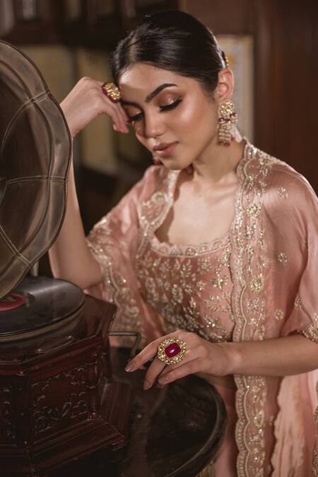 Surbhi Shah_Pink Organza Pearls, Zardozi Blouse Scoop Embroidered Cape And Palazzo Set _Online_at_Aza_Fashions