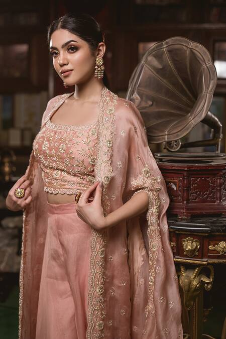 Buy_Surbhi Shah_Pink Organza Pearls, Zardozi Blouse Scoop Embroidered Cape And Palazzo Set _Online_at_Aza_Fashions