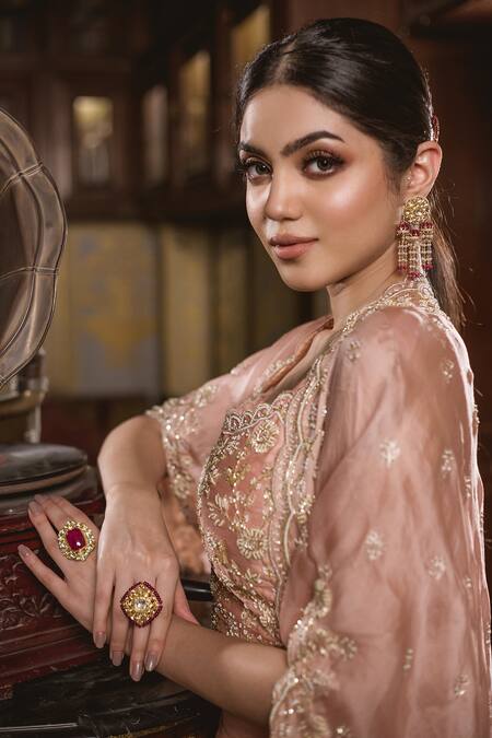 Shop_Surbhi Shah_Pink Organza Pearls, Zardozi Blouse Scoop Embroidered Cape And Palazzo Set _Online_at_Aza_Fashions