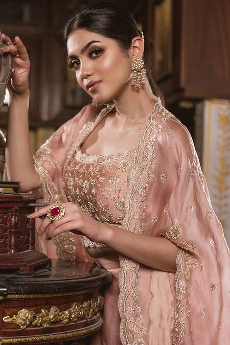 Surbhi Shah_Pink Organza Pearls, Zardozi Blouse Scoop Embroidered Cape And Palazzo Set _at_Aza_Fashions