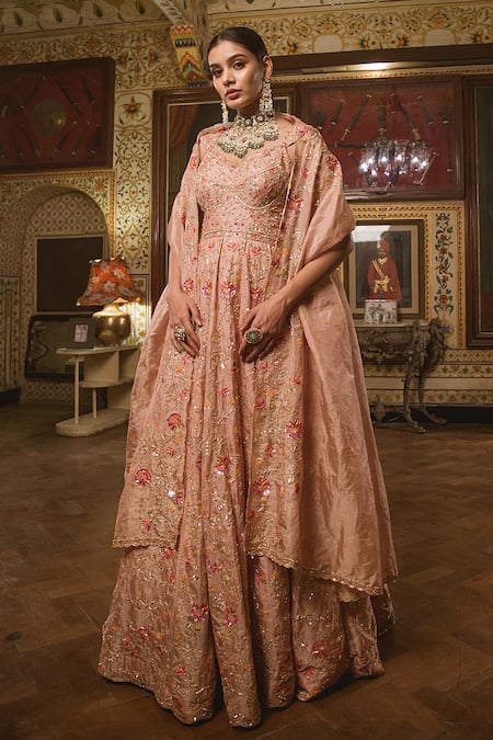 Shop_Surbhi Shah_Peach Tissue Floral Motifs V Neck Resham Embroidered Anarkali And Dupatta Set _at_Aza_Fashions
