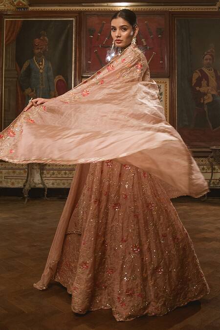 Surbhi Shah_Peach Tissue Floral Motifs V Neck Resham Embroidered Anarkali And Dupatta Set _Online_at_Aza_Fashions