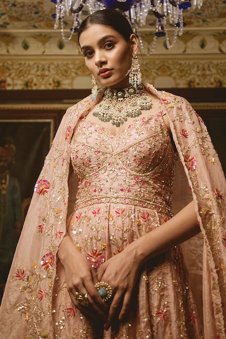 Buy_Surbhi Shah_Peach Tissue Floral Motifs V Neck Resham Embroidered Anarkali And Dupatta Set _Online_at_Aza_Fashions