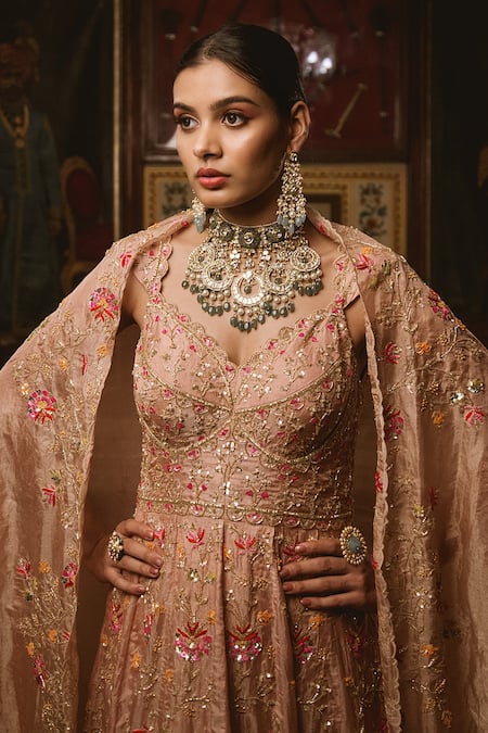 Shop_Surbhi Shah_Peach Tissue Floral Motifs V Neck Resham Embroidered Anarkali And Dupatta Set _Online_at_Aza_Fashions