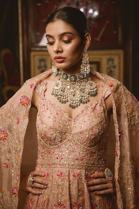 Surbhi Shah_Peach Tissue Floral Motifs V Neck Resham Embroidered Anarkali And Dupatta Set _at_Aza_Fashions