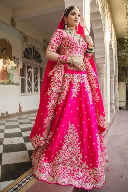 Shop Surbhi Shah Pink Silk, Satin Organza Floral Motifs Marori Embroidered Bridal Lehenga Set at Aza Fashions Shop_Surbhi Shah_Pink Silk, Satin Organza Floral Motifs Marori Embroidered Bridal Lehenga Set _at_Aza_Fashions