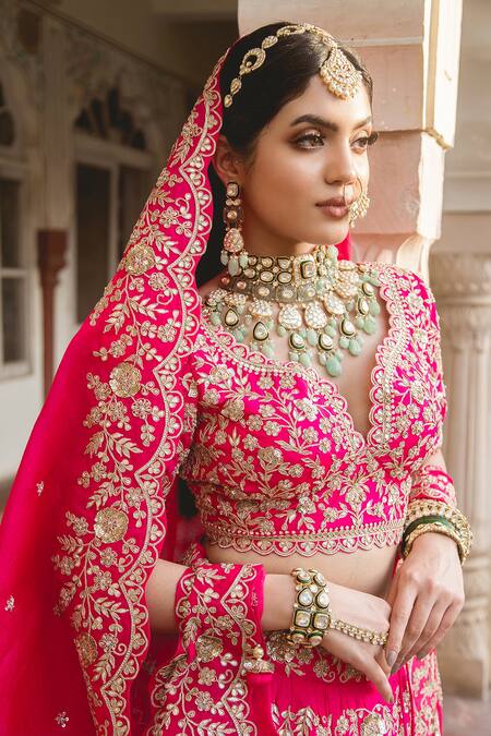 Shop Surbhi Shah Pink Silk, Satin Organza Floral Motifs Marori Embroidered Bridal Lehenga Set Online at Aza Fashions Shop_Surbhi Shah_Pink Silk, Satin Organza Floral Motifs Marori Embroidered Bridal Lehenga Set _Online_at_Aza_Fashions