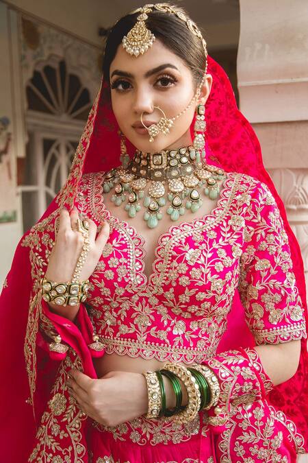 Surbhi Shah Pink Silk, Satin Organza Floral Motifs Marori Embroidered Bridal Lehenga Set at Aza Fashions Surbhi Shah_Pink Silk, Satin Organza Floral Motifs Marori Embroidered Bridal Lehenga Set _at_Aza_Fashions