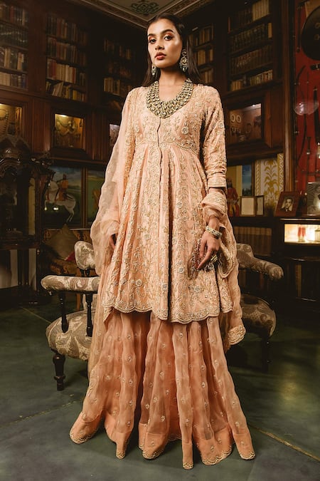 Shop_Surbhi Shah_Peach Organza Floral Motifs Embroidered Peplum Sharara Set _at_Aza_Fashions