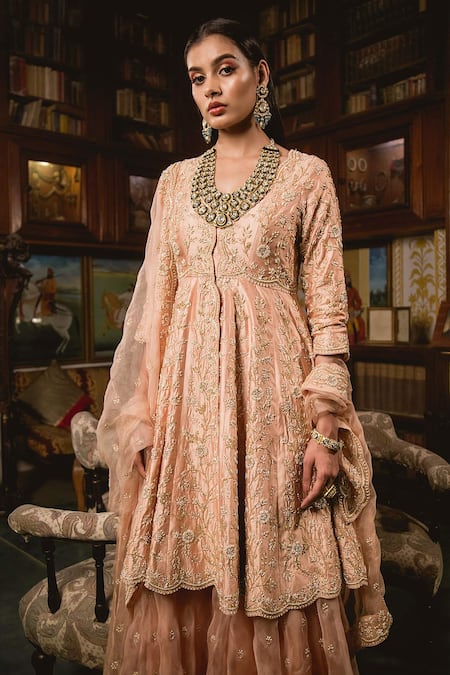 Surbhi Shah_Peach Organza Floral Motifs Embroidered Peplum Sharara Set _Online_at_Aza_Fashions