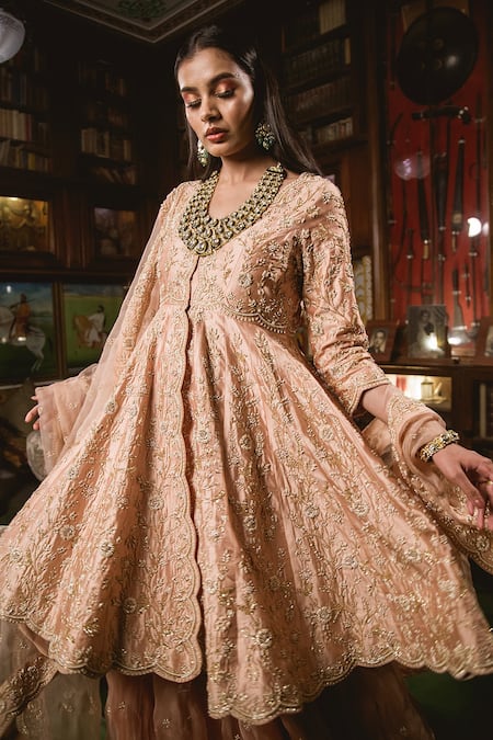 Buy_Surbhi Shah_Peach Organza Floral Motifs Embroidered Peplum Sharara Set _Online_at_Aza_Fashions