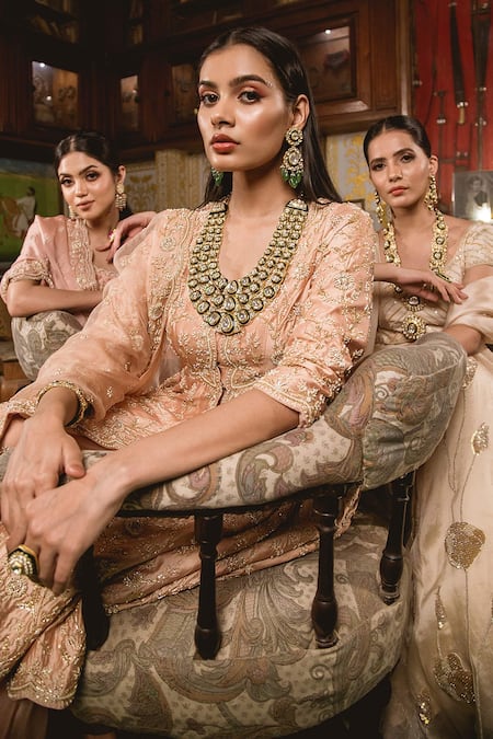 Shop_Surbhi Shah_Peach Organza Floral Motifs Embroidered Peplum Sharara Set _Online_at_Aza_Fashions