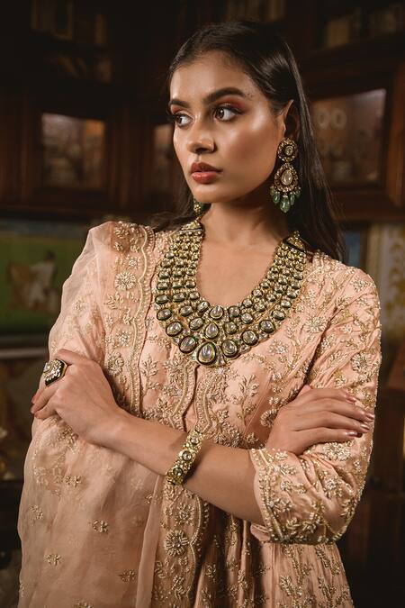 Surbhi Shah_Peach Organza Floral Motifs Embroidered Peplum Sharara Set _at_Aza_Fashions