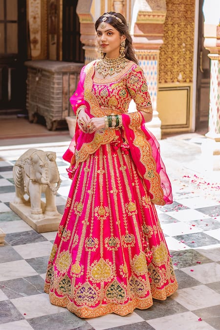 Shop_Surbhi Shah_Pink Silk, Organza Gota, Pearl, Zardozi Patch Embroidered Bridal Lehenga Set _at_Aza_Fashions