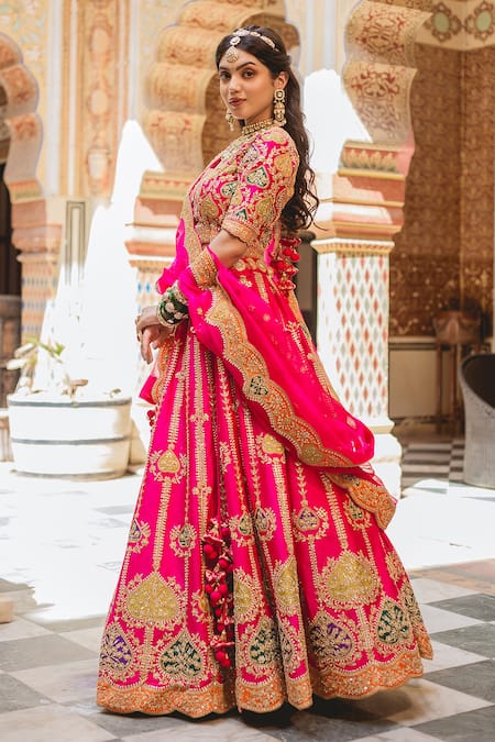 Surbhi Shah_Pink Silk, Organza Gota, Pearl, Zardozi Patch Embroidered Bridal Lehenga Set _Online_at_Aza_Fashions