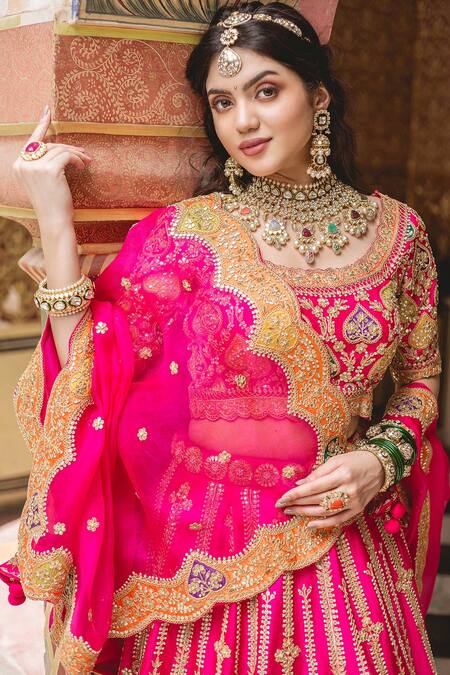 Buy_Surbhi Shah_Pink Silk, Organza Gota, Pearl, Zardozi Patch Embroidered Bridal Lehenga Set _Online_at_Aza_Fashions