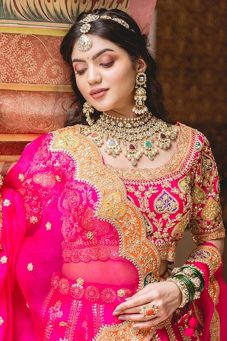 Shop_Surbhi Shah_Pink Silk, Organza Gota, Pearl, Zardozi Patch Embroidered Bridal Lehenga Set _Online_at_Aza_Fashions