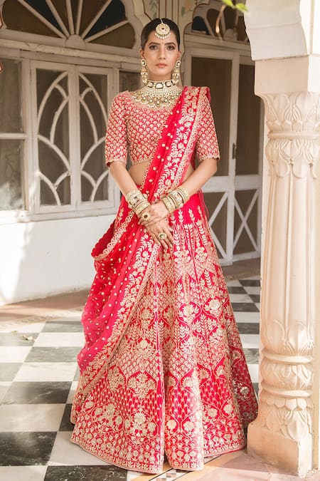 Shop_Surbhi Shah_Red Silk, Organza Gota, Sequins Round Embroidered Bridal Lehenga Set _at_Aza_Fashions