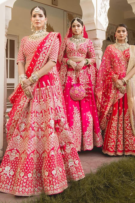 Surbhi Shah_Red Silk, Organza Gota, Sequins Round Embroidered Bridal Lehenga Set _Online_at_Aza_Fashions
