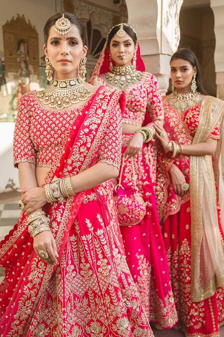 Buy_Surbhi Shah_Red Silk, Organza Gota, Sequins Round Embroidered Bridal Lehenga Set _Online_at_Aza_Fashions