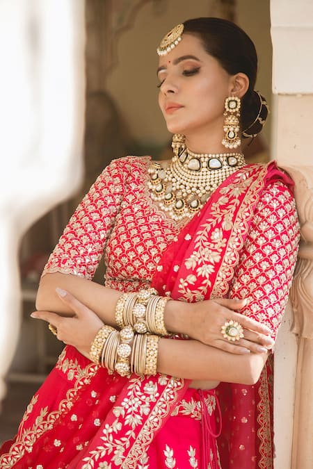 Shop_Surbhi Shah_Red Silk, Organza Gota, Sequins Round Embroidered Bridal Lehenga Set _Online_at_Aza_Fashions