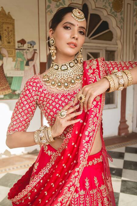 Surbhi Shah_Red Silk, Organza Gota, Sequins Round Embroidered Bridal Lehenga Set _at_Aza_Fashions