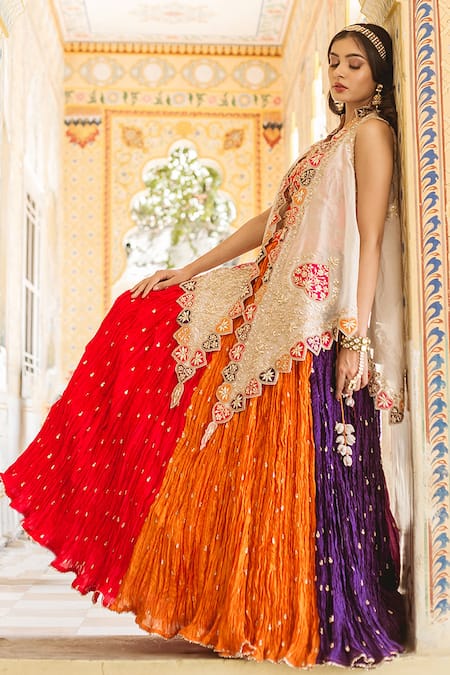 Shop Surbhi Shah Silver Tissue, Crushed Chanderi Floral Motifs Cape Front Open Lehenga Set With at Aza Fashions Shop_Surbhi Shah_Silver Tissue, Crushed Chanderi Floral Motifs Cape Front Open Lehenga Set With _at_Aza_Fashions