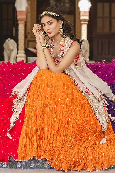 Surbhi Shah Silver Tissue, Crushed Chanderi Floral Motifs Cape Front Open Lehenga Set With Online at Aza Fashions Surbhi Shah_Silver Tissue, Crushed Chanderi Floral Motifs Cape Front Open Lehenga Set With _Online_at_Aza_Fashions