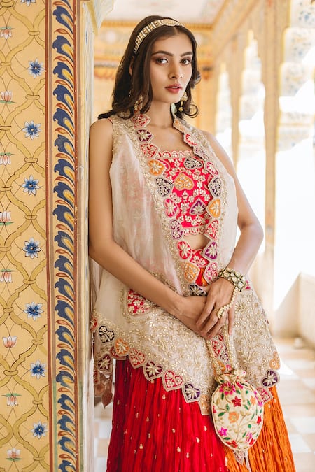 Buy Surbhi Shah Silver Tissue, Crushed Chanderi Floral Motifs Cape Front Open Lehenga Set With Online at Aza Fashions Buy_Surbhi Shah_Silver Tissue, Crushed Chanderi Floral Motifs Cape Front Open Lehenga Set With _Online_at_Aza_Fashions