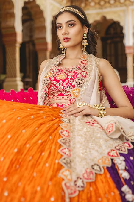 Shop Surbhi Shah Silver Tissue, Crushed Chanderi Floral Motifs Cape Front Open Lehenga Set With Online at Aza Fashions Shop_Surbhi Shah_Silver Tissue, Crushed Chanderi Floral Motifs Cape Front Open Lehenga Set With _Online_at_Aza_Fashions