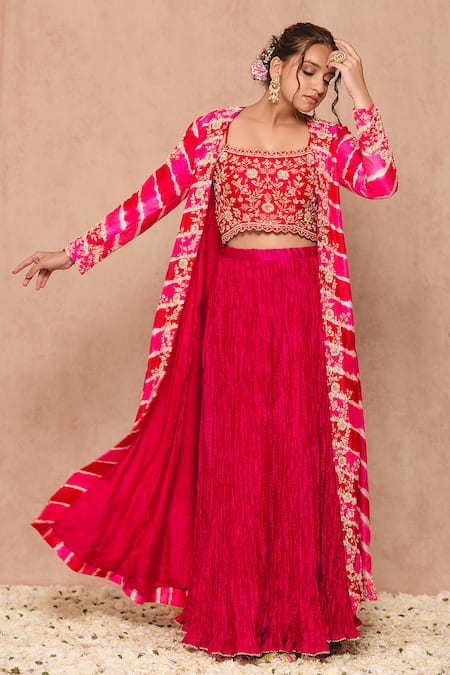 Buy Surbhi Shah Pink Cotton Embroidered Thread Work Square Neck Leheriya Jacket Lehenga Set Online at Aza Fashions Buy_Surbhi Shah_Pink Cotton Embroidered Thread Work Square Neck Leheriya Jacket Lehenga Set _Online_at_Aza_Fashions