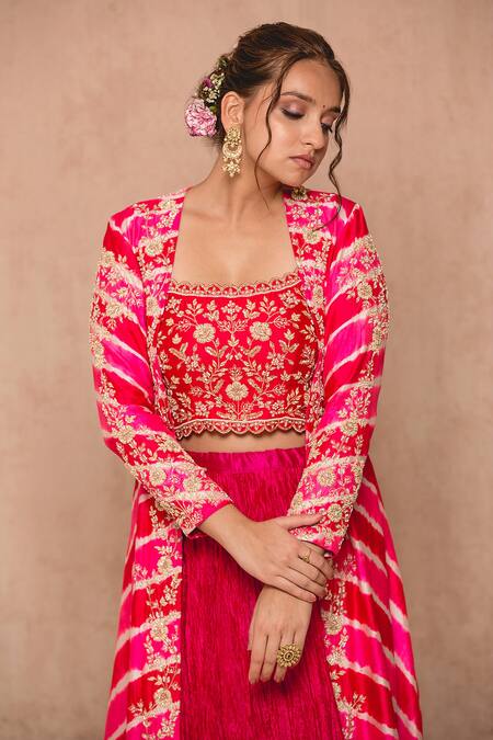 Shop Surbhi Shah Pink Cotton Embroidered Thread Work Square Neck Leheriya Jacket Lehenga Set Online at Aza Fashions Shop_Surbhi Shah_Pink Cotton Embroidered Thread Work Square Neck Leheriya Jacket Lehenga Set _Online_at_Aza_Fashions