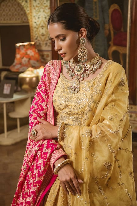 Buy_Surbhi Shah_Yellow Organza, Georgette Floral Motifs, Lucknowi Embroidered Bridal Lehenga Set _Online_at_Aza_Fashions