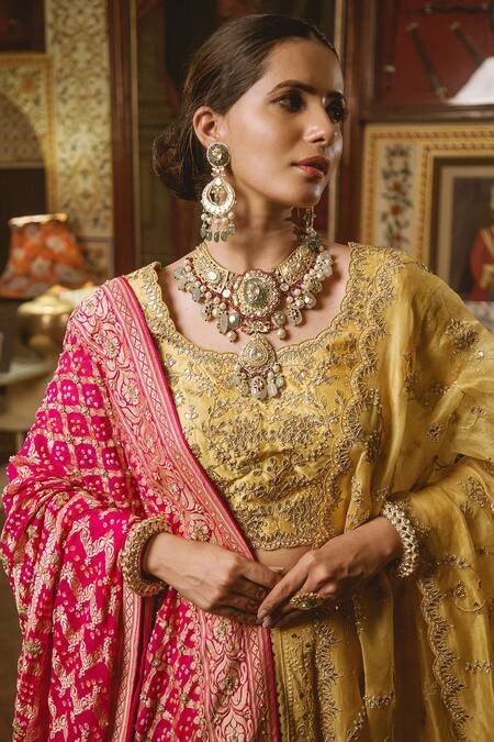 Shop_Surbhi Shah_Yellow Organza, Georgette Floral Motifs, Lucknowi Embroidered Bridal Lehenga Set _Online_at_Aza_Fashions