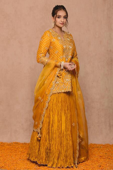 Buy Surbhi Shah Yellow Cotton Embroidered Zardozi Work Round Notched Bandhej Kurta Lehenga Set Online at Aza Fashions Buy_Surbhi Shah_Yellow Cotton Embroidered Zardozi Work Round Notched Bandhej Kurta Lehenga Set _Online_at_Aza_Fashions