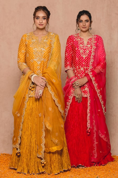 Shop Surbhi Shah Yellow Cotton Embroidered Zardozi Work Round Notched Bandhej Kurta Lehenga Set Online at Aza Fashions Shop_Surbhi Shah_Yellow Cotton Embroidered Zardozi Work Round Notched Bandhej Kurta Lehenga Set _Online_at_Aza_Fashions