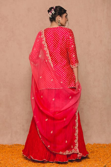 Surbhi Shah_Red , Silklining Pearl Work, Zardozi Bandhej Kurta Lehenga Set _Online_at_Aza_Fashions