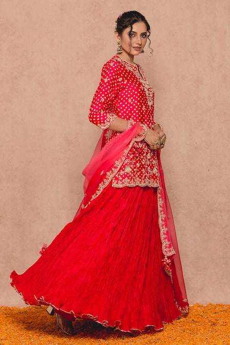 Buy_Surbhi Shah_Red , Silklining Pearl Work, Zardozi Bandhej Kurta Lehenga Set _Online_at_Aza_Fashions