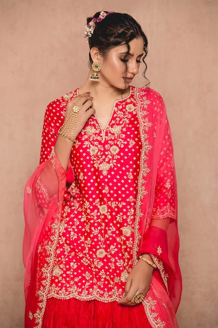 Surbhi Shah_Red , Silklining Pearl Work, Zardozi Bandhej Kurta Lehenga Set _at_Aza_Fashions
