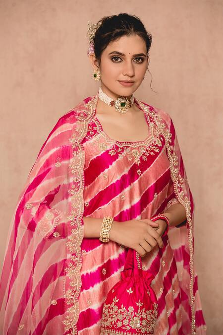 Surbhi Shah Pink Cotton Embroidered Thread Work Square Neck Leheriya Kurta Sharara Set at Aza Fashions Surbhi Shah_Pink Cotton Embroidered Thread Work Square Neck Leheriya Kurta Sharara Set _at_Aza_Fashions